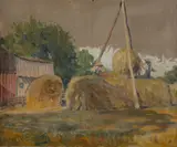 Grant Wood, Haystacks and Red Barn, circa 1925, oil on canvas