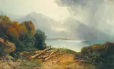 Andrew Melrose, Figures beside a mountain lake, 1878, oil on canvas