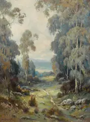 Alexis Matthew Podchernikoff, View through a eucalyptus grove into a valley, oil on canvas
