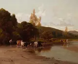 Thomas Hill, Cattle watering, oil on canvas