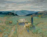 William Frederic Ritschel, The shepherd with his flock, oil on canvas