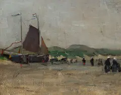 Fisherfolk and boats along the Dutch coast by Charles Rollo Peters, 1889, oil on canvas, sold Nov 2017