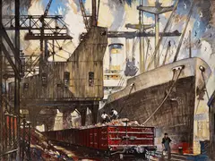 Thornton Oakley, Pennsylvania Railroad, Ore Handling Facilities, Girard Point, Philadelphia, Pennsylvania, gouache, conte crayon, and ink on paperboard