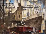 Thornton Oakley, Pennsylvania Railroad, Ore Handling Facilities, Girard Point, Philadelphia, Pennsylvania, gouache, conte crayon, and ink on paperboard