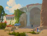 Visitors to Mission San Juan Capistrano by Elmer Wachtel, oil on canvas, sold Nov 2017