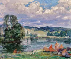 Bathers Along the Seine, Vernon, France by Joseph Kleitsch, 1926, oil on canvas, sold Nov 2017