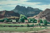 Emil Kosa Jr., Animals grazing by a farm with the Superstition Mountains beyond, oil on canvas