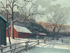 Huntington Barns by Eric Sloane, oil on masonite, sold Nov 2017