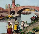 Millard Sheets, Figures along the river by a bridge