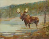 Carl Rungius, Moose, Upper Ram River, oil on canvas affixed to board