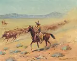 Edward Borein, Two vaqueros herding longhorn, oil on board