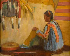 Young Warrior Chief by Joseph Henry Sharp, oil on canvas, sold Nov 2017