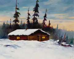 Jules B. Dahlager, A Vista of Eulachon Slough; Sourdough Cabin in Winter (Interior Alaska) (A group of two), 1938, oil on artist board; oil on canvas mounted to board