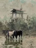 Eustace Paul Ziegler, Three horses watering at a river with a log cache beyond