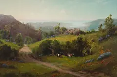 Charles Dorman Robinson, Cattle grazing among wildflowers with a view of the bay, 1919, oil on canvas
