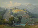 Sunlight on a hillside with mountains beyond by Marion Wachtel, watercolor on paper, sold Aug 2017