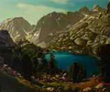 Robert Clunie, Mountains Temple Crags, Mount Gailey, and Mount Sill with Fifth Lake, 1946, oil on canvas