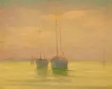 Morning in the Harbor by Alfred R. Mitchell, oil on board, sold Aug 2017