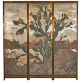 Desert Mesa with Blooming Cactus and Succulents (A three-panel floor screen) by American School, oil, gold and silver leaf on masonite, sold Aug 2017