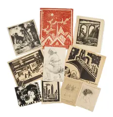 American School, A group of art ephemera (notes, cards, drawings, press card, photographic reproductions), various media (crayon and graphite on paper, etching, woodblock, linocut, lithograph, and photomechanical reproductions)