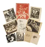 American School, A group of art ephemera (notes, cards, drawings, press card, photographic reproductions), various media (crayon and graphite on paper, etching, woodblock, linocut, lithograph, and photomechanical reproductions)