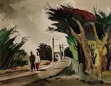 Dong Kingman, Railroad crossing; The Travelers (A group of two), watercolor and graphite on paper