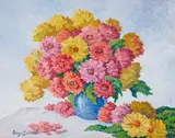 Birger Sandzén, Floral still life (Zinnias), oil on masonite