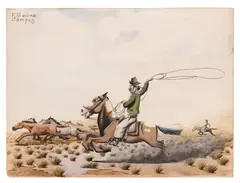Goucho on horseback by Florencio Molina Campos, gouache, watercolor, crayon and graphite on paper, sold Aug 2017