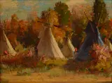 Joseph Henry Sharp, Crow lodges in bushes along the Little Horn, oil on cigar box lid