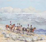 Edward Borein, Five riders on horseback, 1933, gouache, watercolor and graphite on paperboard