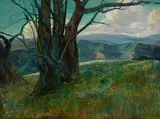 Maurice Del Mue, Trees on a Ridge Full of Wildflowers