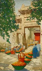 Bertha Lum, Persimmon market, 1934, oil and graphite on paper mounted to paperboard