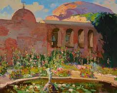 San Juan Capistrano Mission Yard by Franz Bischoff, oil on canvas, sold Apr 2017