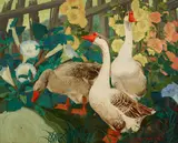 Jessie Arms Botke, Geese with Morning Glories and Hollyhocks, 1932, oil on masonite