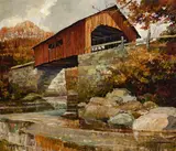 Eric Sloane, New England October, alternatively titled, October Bridge, oil and graphite with tooling on masonite