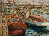 Franz Bischoff, Fishing Boats (San Pedro), circa 1912-1915, oil, mica, and sealing wax on artist board