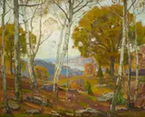 William Wendt, View to the inlet through the trees, oil on canvas