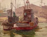 Sam Hyde Harris, Newport boats, oil on canvas affixed to board