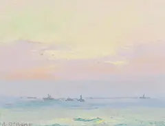 Albert DeRome, Squid Fishing, Monterey Bay; Sunrise, Monterey Bay; Salmon Trolling, Monterey Bay (A group of 3), 1947, oil on canvas affixed to board