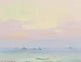 Albert DeRome, Squid Fishing, Monterey Bay; Sunrise, Monterey Bay; Salmon Trolling, Monterey Bay (A group of 3), 1947, oil on canvas affixed to board
