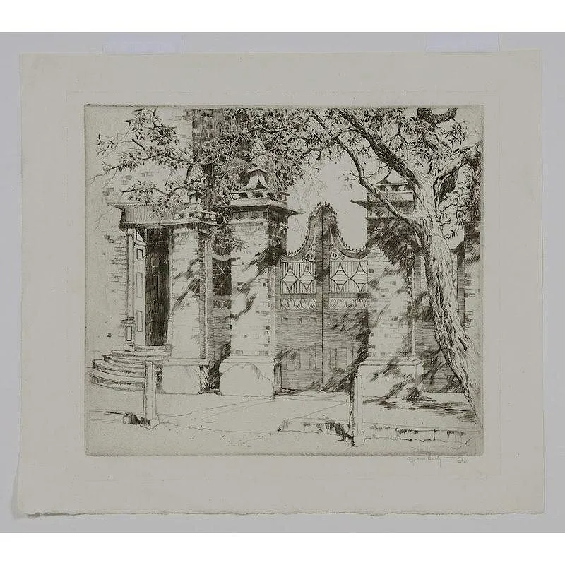 Old Smyth Gate by Alfred Heber Hutty, 1927, drypoint etching on cream laid paper, sold Jul 2017