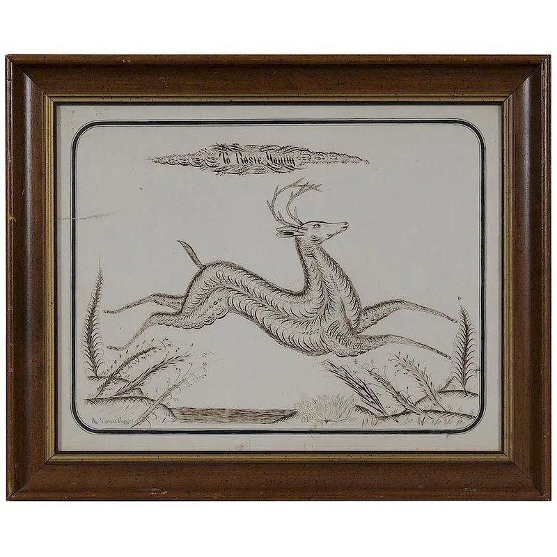 Folk Art Calligraphy, SpencerianÂ Drawing of Stag, ink on paper