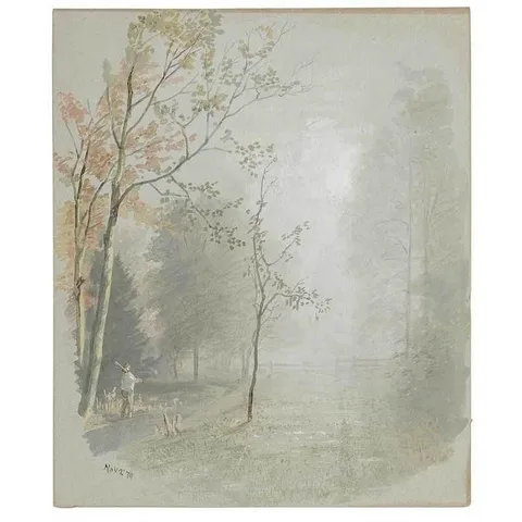 William Trost Richards, Sunlit Clearing, 1879, watercolor on blue paper