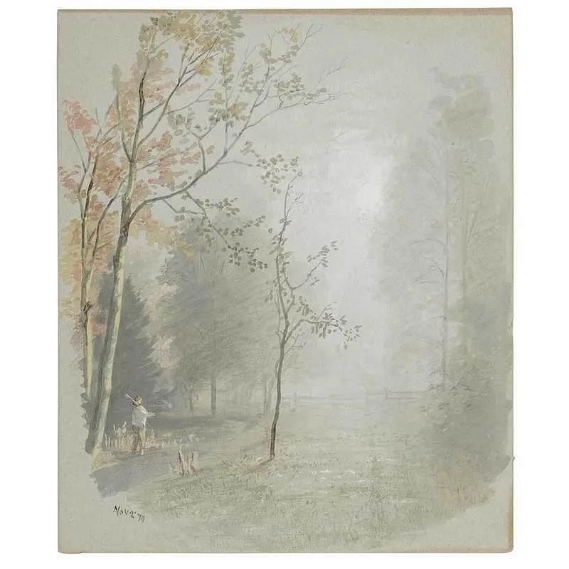 Sunlit Clearing by William Trost Richards, 1879, watercolor on blue paper, sold Jul 2017