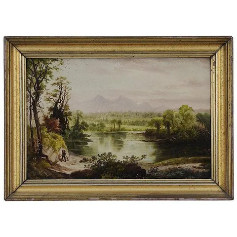 Hudson River School, Hunter by a Lake, oil on artist board