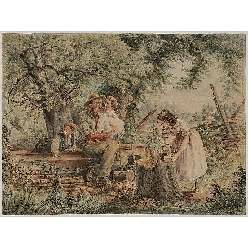 Henri Lovie, A Break from Rail Splitting, watercolor on paper