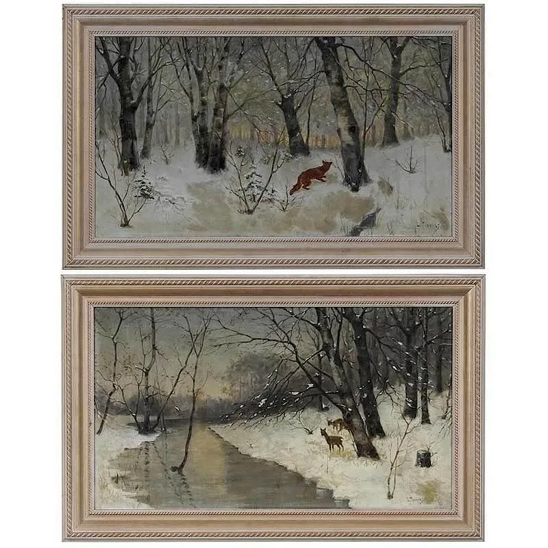 Elling Tronnes, Two Winter Scenes: Deer by a River, Fox in Woods, both signed "E. Tronnes, oil on canvas