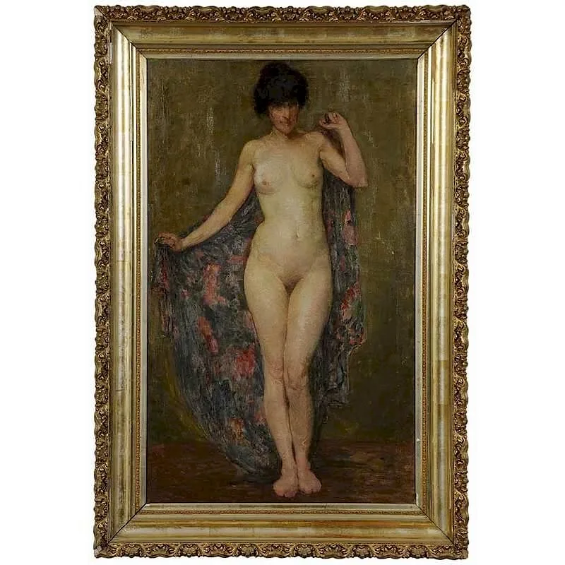 William Meyerowitz, Standing Nude with Shawl, possibly the artist's wife and artist, Theresa Bernstein, circa 1915, oil on linen