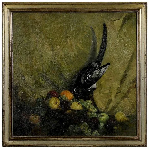 Frederick Milton Grant, Still Life with Fruit and Bird Figurine, oil on canvas