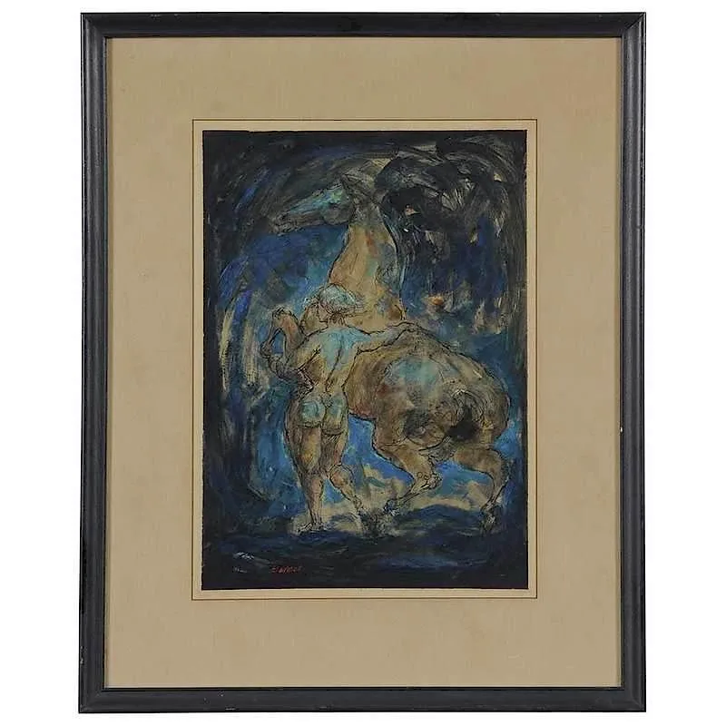 Charles Edward Burdick, Nude With a Rampant Horse, ink and oil on board